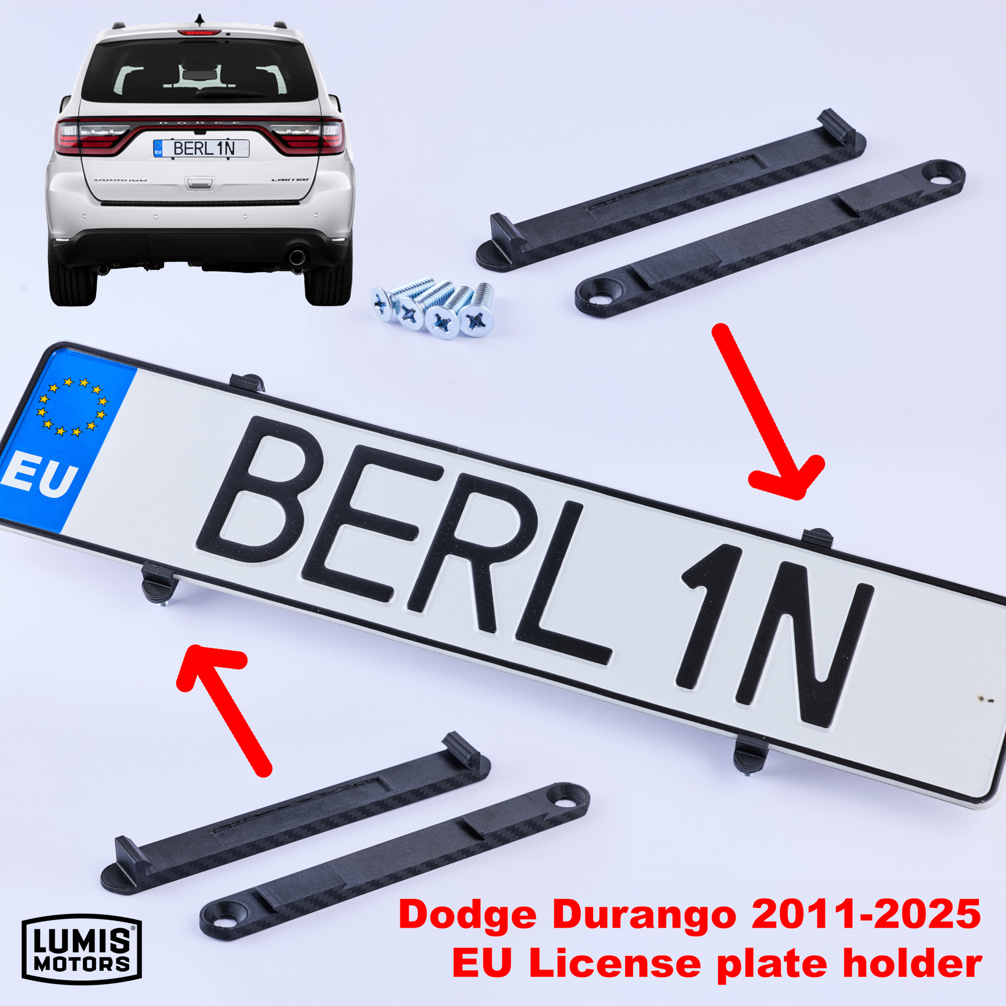 Dodge Durango rear EU license plate mounting kit installed